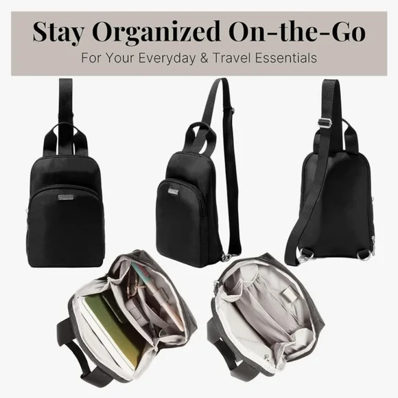 Baggalini Black Sling Backpack Bag Multi Wear RFID Card Slots Adjustable NEW - Picture 7 of 16